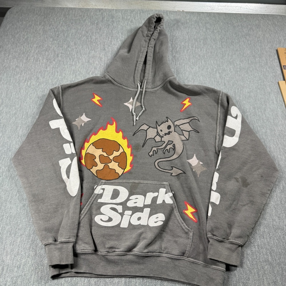 PacSun Hoodie Mens S Gray Dark Side Graphic Flame Dragon Fleece Pullover Street